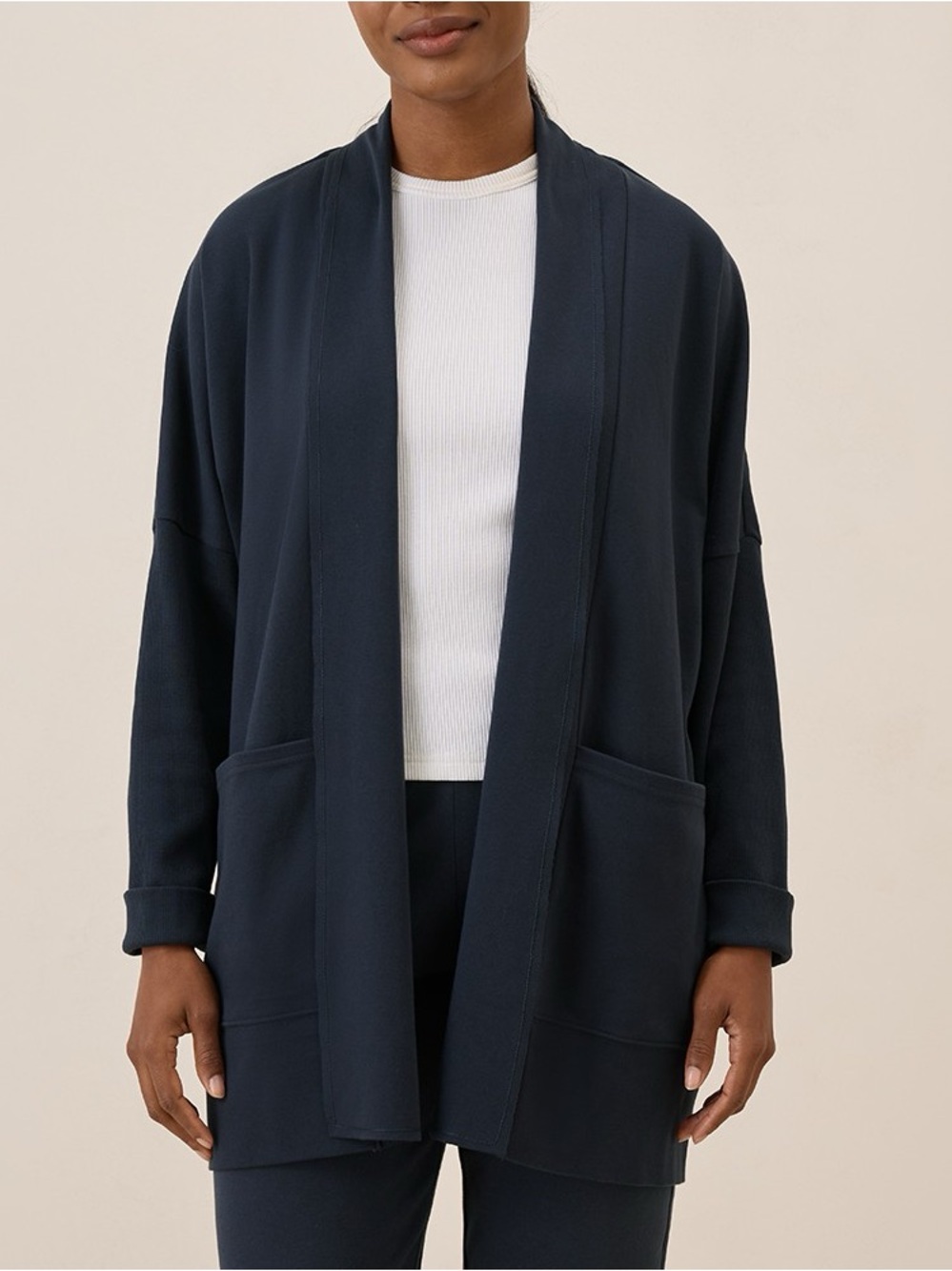Pact Women's Airplane Wrap Cardigan M/L Midnight Blue Long Sleeve Open Front
